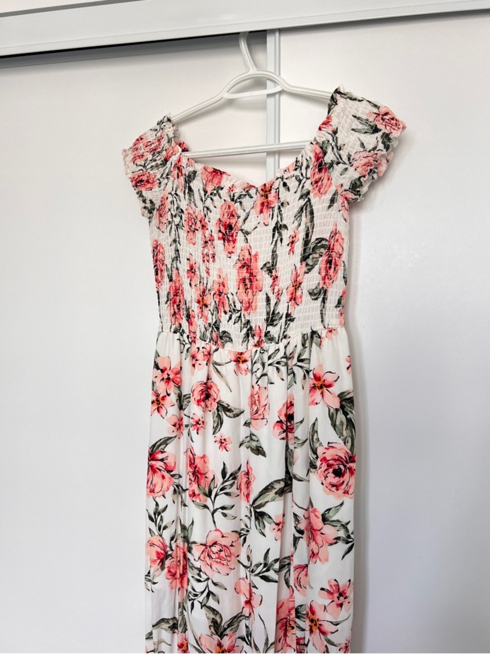 Dynamite White Floral Smocked Top with Pink and Green Print - Summer Dress - Picture 2 of 3